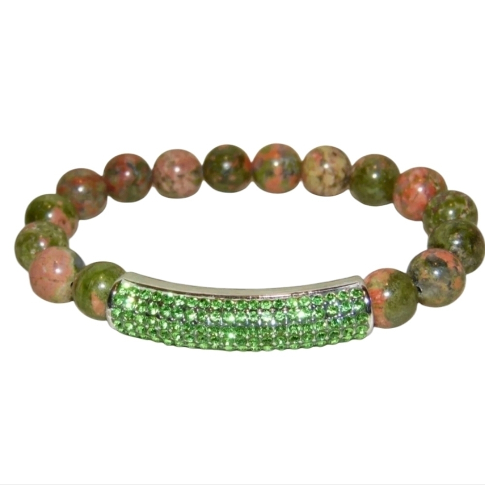 Genuine Unakite Beaded & Neon Green CZ Stretch Bracelet
